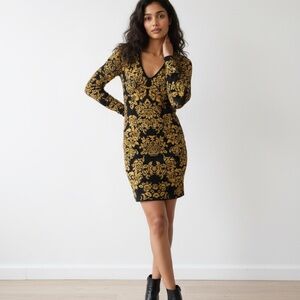 Torn by Ronny Kobo Black and Gold Metallic Barocco Floral Knit Bodycon Dress